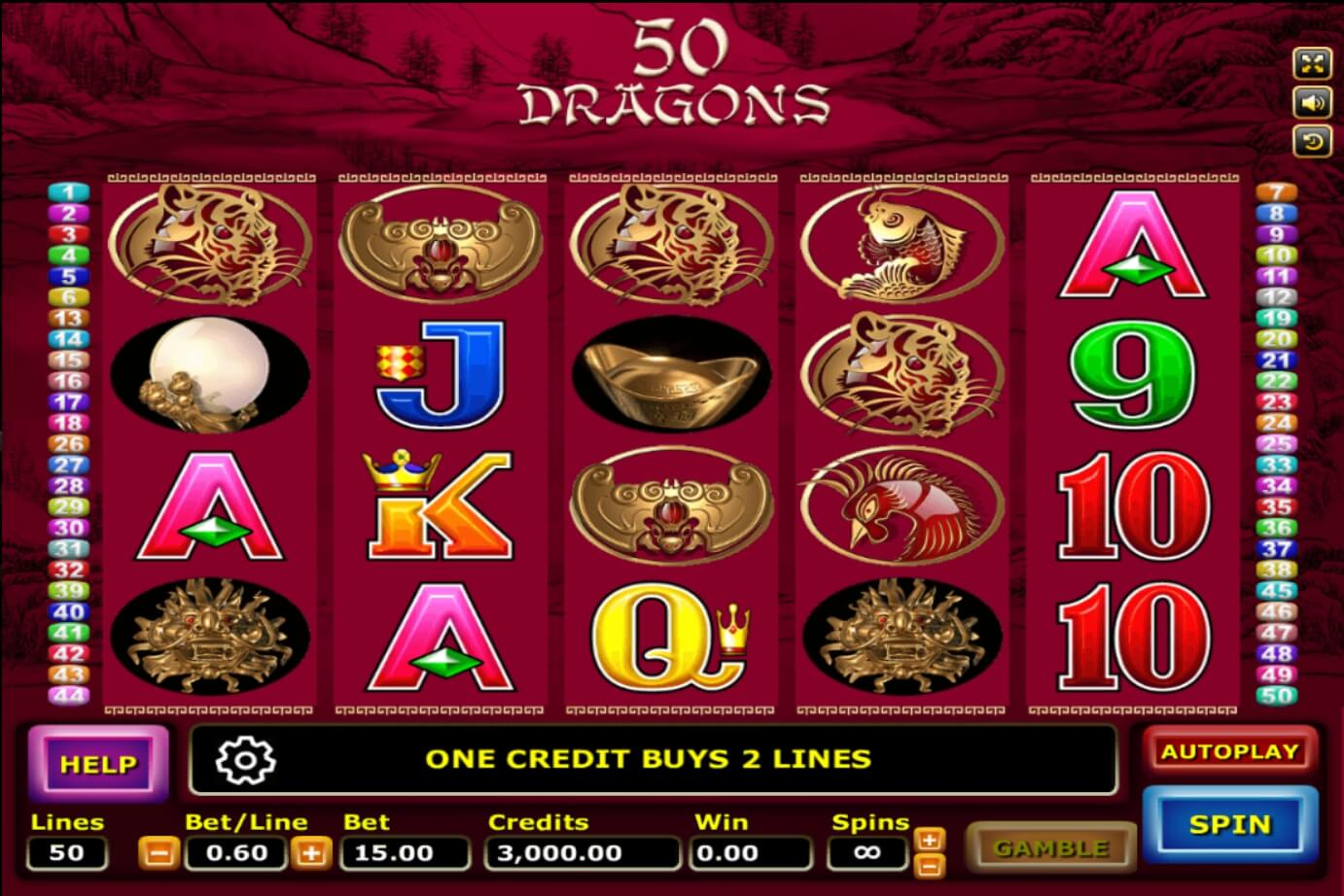 หน้าเกม Fifty Dragons แสดงมังกรทองและบรรยากาศมงคลจีน