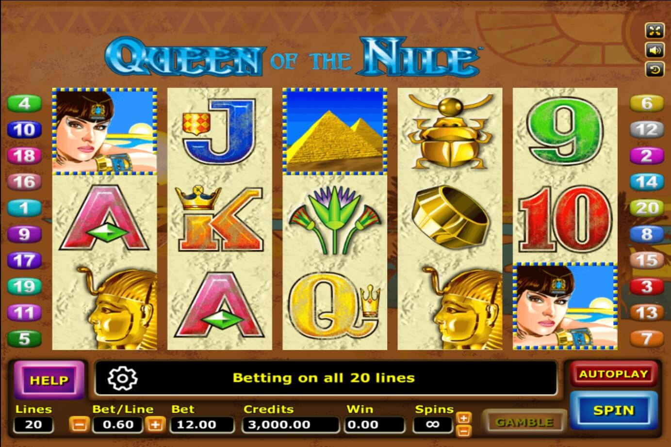 หน้าเกม Queen Of The Nile แสดงราชินีอียิปต์และฉากแม่น้ำไนล์