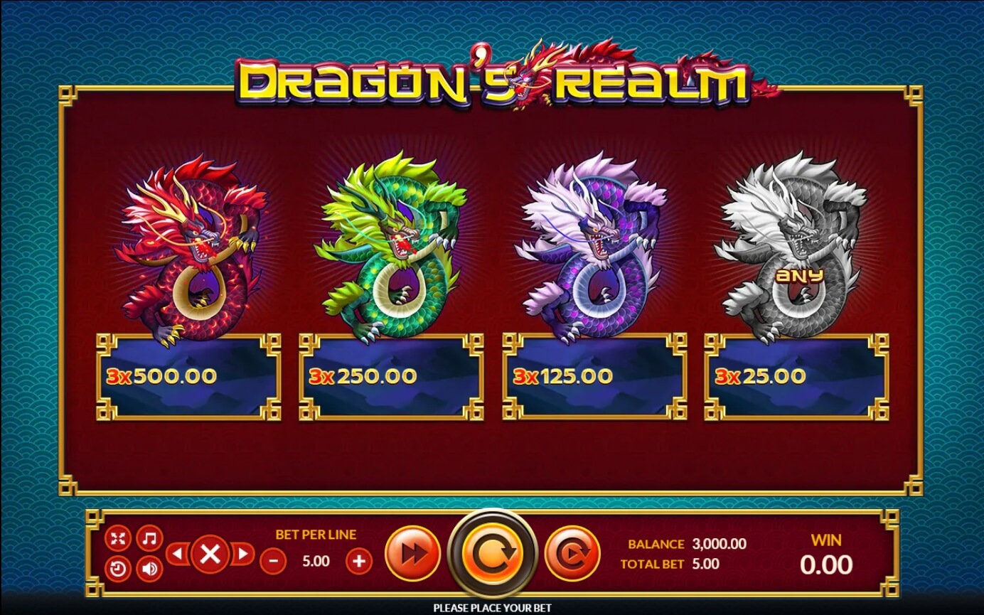 รีลเกม Dragon’s Realm พร้อมสัญลักษณ์มังกรและอัญมณี