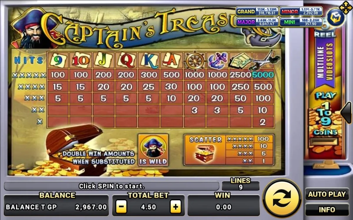 รีล Captain’s Treasure พร้อมสัญลักษณ์เหรียญ หีบ และกะโหลก