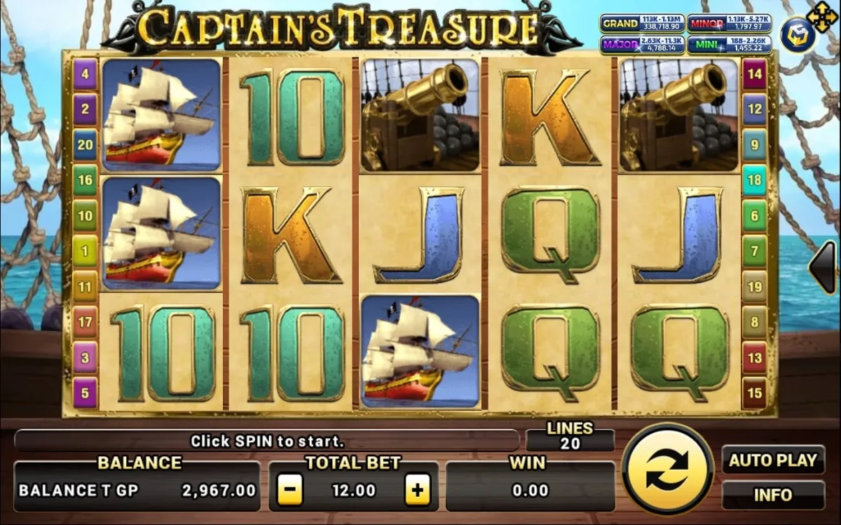 หน้าเกม Captain’s Treasure แสดงธีมโจรสลัดและสมบัติทองคำ