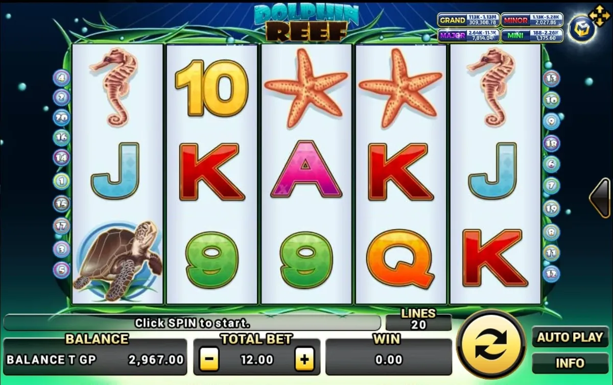 หน้าเกม Dolphin Reef แสดงปลาโลมาและแนวปะการังใต้ทะเล