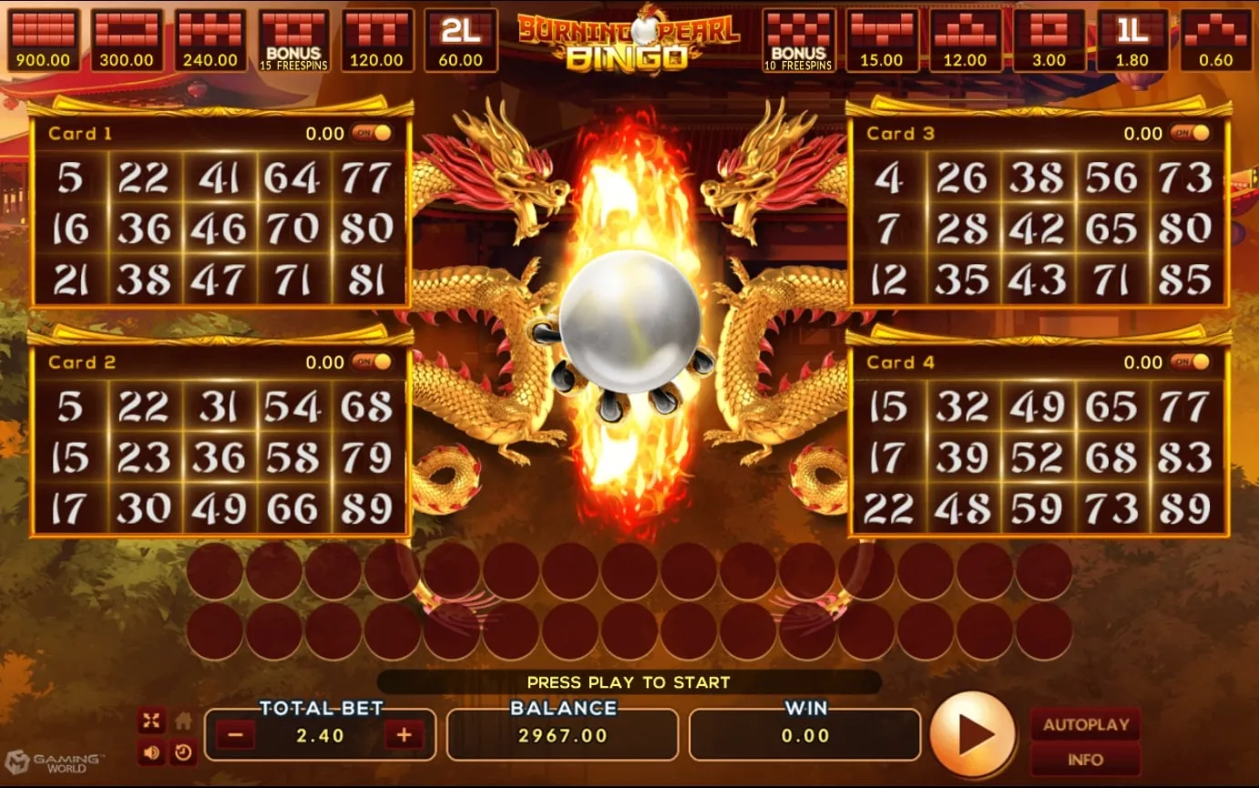 หน้าเกม Burning Pearl Bingo แสดงไข่มุกเรืองแสงและธีมไฟใต้ทะเล