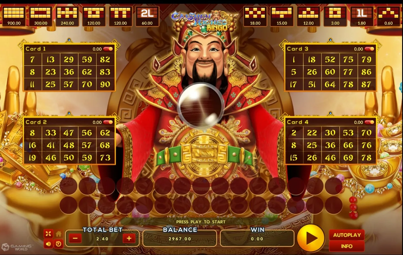 หน้าเกม Caishen Riches Bingo แสดงเทพไฉ่ซิงเอี๊ยและทองคำ