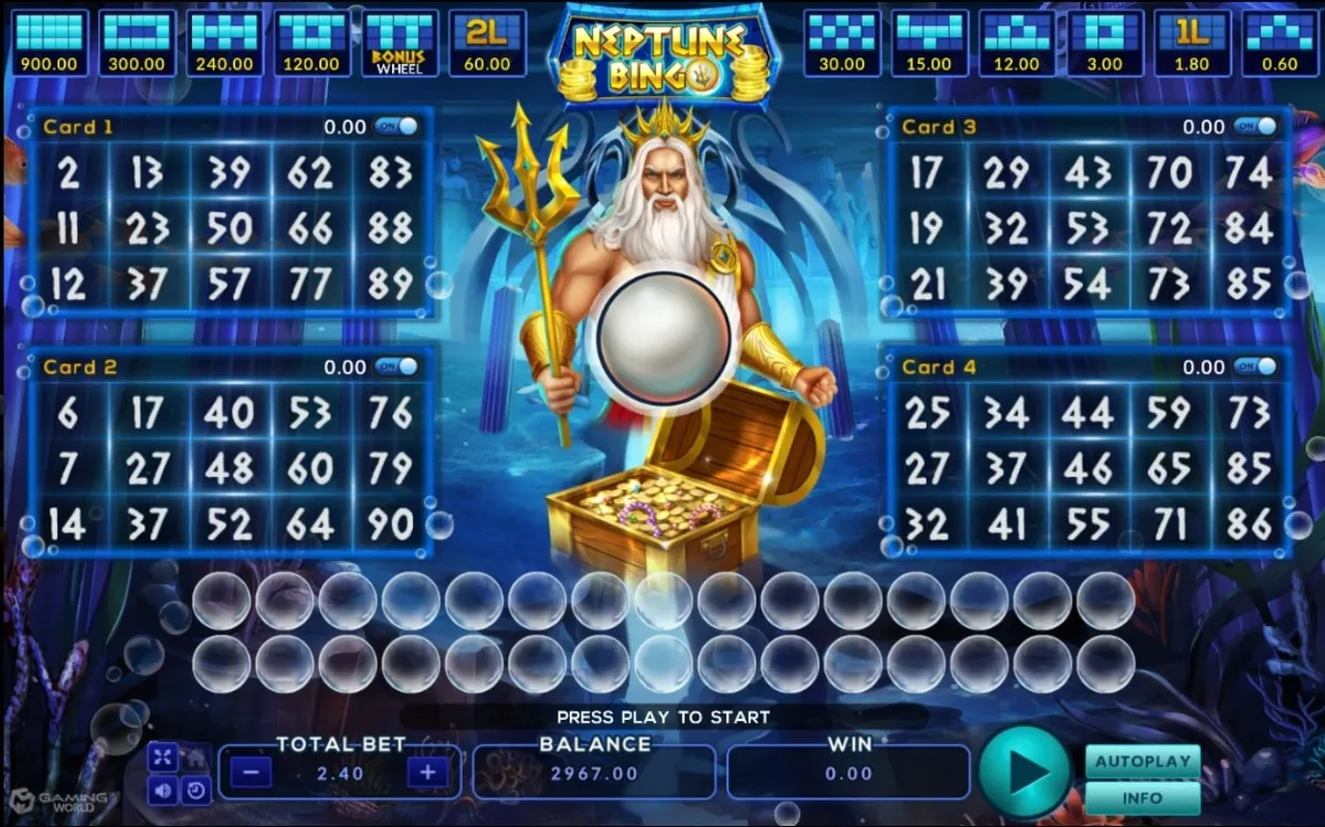 หน้าเกม Neptune Treasure Bingo แสดงเทพเนปจูนและสมบัติใต้ทะเล