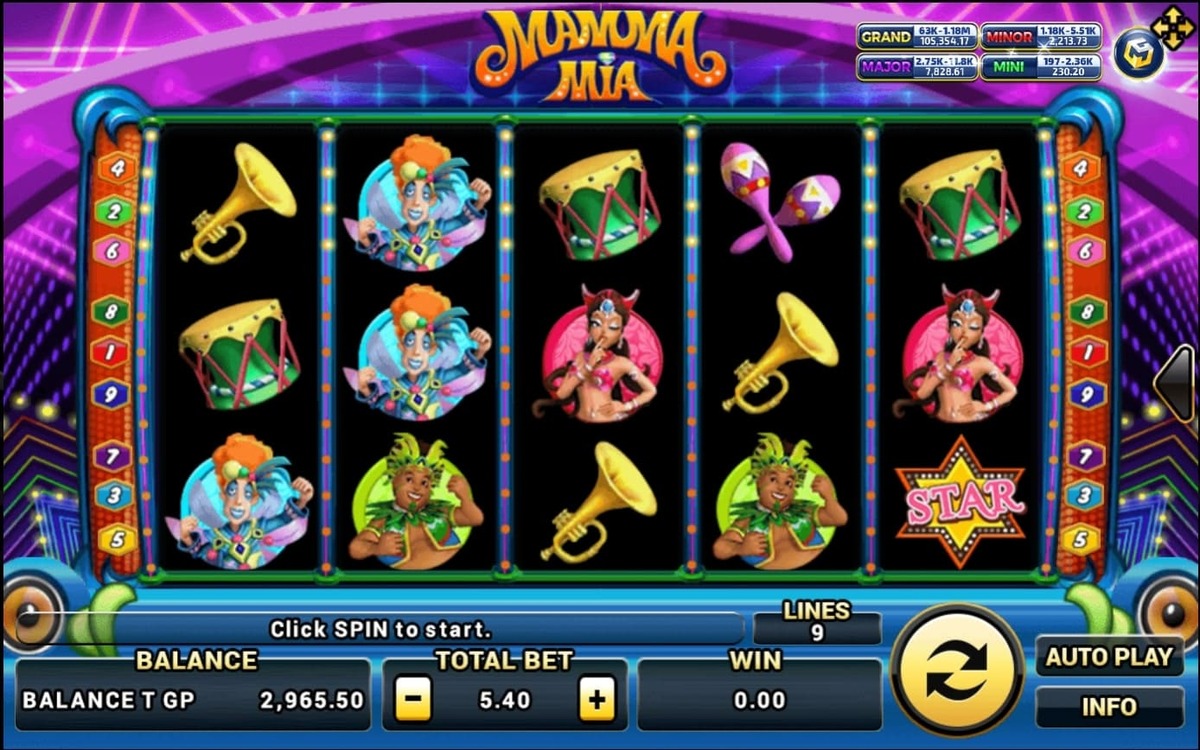 หน้าแพลตฟอร์มเกมสล็อตแสดงเกม Mammamia พร้อมเมนูและข้อมูลรอบเล่น