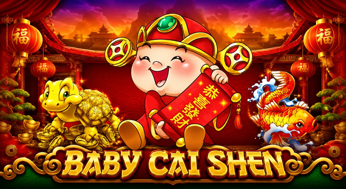 ภาพหน้าปกเกมสล็อต BABY CAI SHEN ธีมเทพเจ้าโชคลาภจีน ตัวละครเด็กน้อยถือม้วนคำอวยพร พร้อมเต่าทอง ปลาคาร์ป และฉากโคมแดงสีทอง
