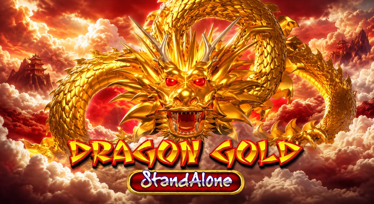 ภาพหน้าปกเกม DRAGON GOLD SA มังกรทองกลางเมฆสีแดงทอง พร้อมโลโก้ Dragon Gold Stand Alone