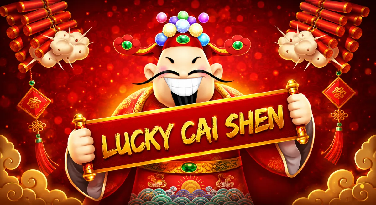 LUCKY CAI SHEN สล็อตเทพเจ้าโชคลาภจีนถือป้ายชื่อเกมสีแดงทอง พร้อมฉากเทศกาลและประทัดมงคล