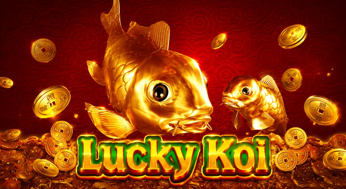 ภาพปกเกมสล็อต Lucky Koi ปลาคาร์ปสีทอง เหรียญทอง และฉากสีแดงสไตล์มงคลจาก Spadegaming