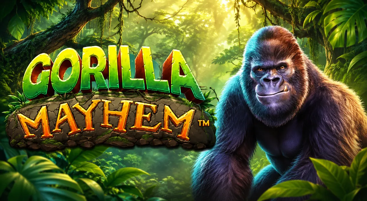 ภาพปกเกม Gorilla Mayhem กอริลลาในป่าดิบพร้อมโลโก้เกม