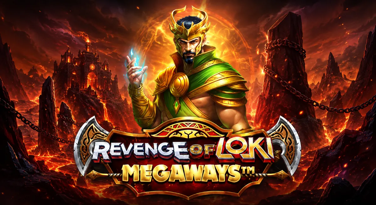 ภาพปกเกม Revenge of Loki Megaways ตัวละครโลกิท่ามกลางฉากไฟและปราสาทนอร์ส