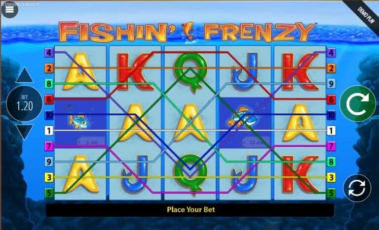 ภาพวงล้อและสัญลักษณ์ธีมตกปลาของ Fishin’ Frenzy