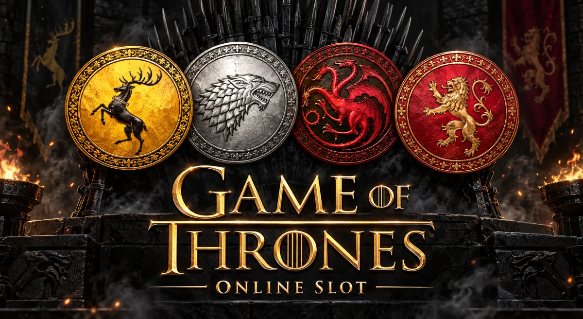 ภาพปก Game Of Thrones Online Slot พร้อมเหรียญตราตระกูลทั้งสี่