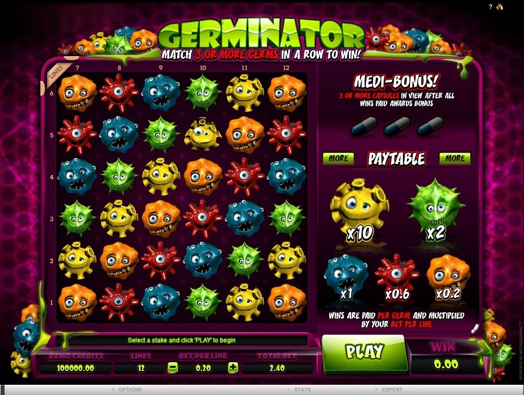 หน้าจอ Germinator กับเชื้อโรคหลากสีบนตารางเกม