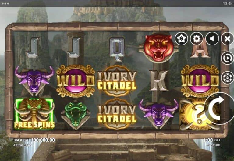 หน้าจอ Ivory Citadel พร้อมวงล้อและฉากวิหารกลางป่า