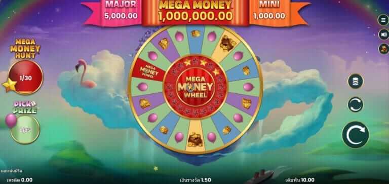 หน้าจอวงล้อและช่องโบนัสใน Mega Money Wheel