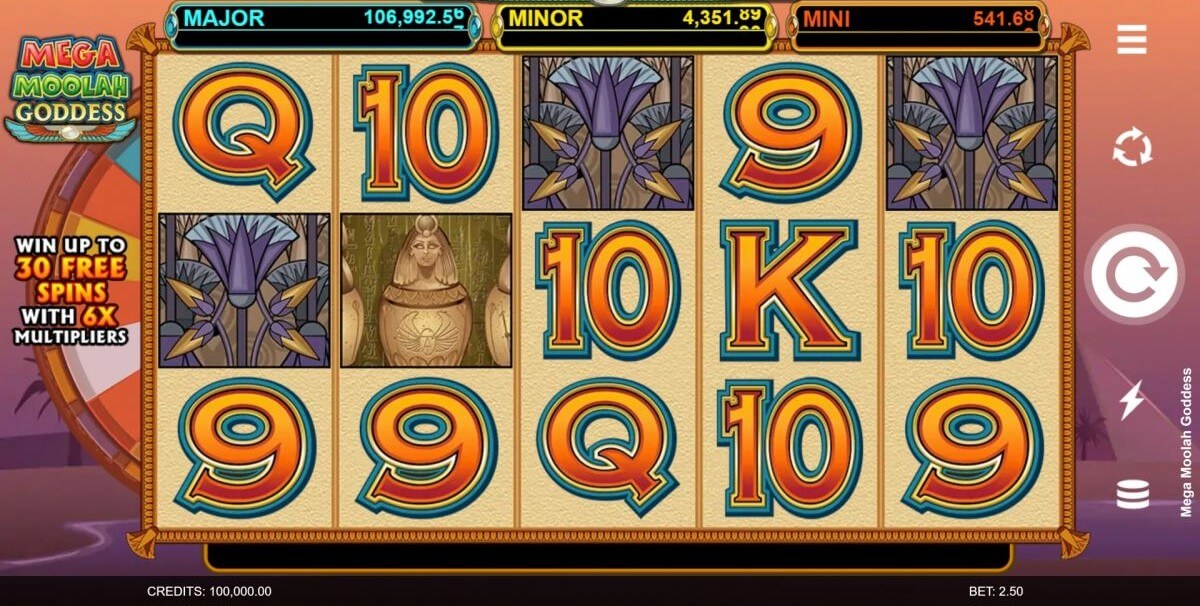 ภาพหน้าจอ Mega Moolah Goddess ในธีมอียิปต์