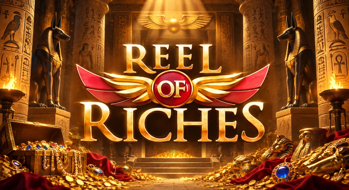 ภาพปก Reel Of Riches พร้อมโลโก้เกมและฉากสุสานอียิปต์