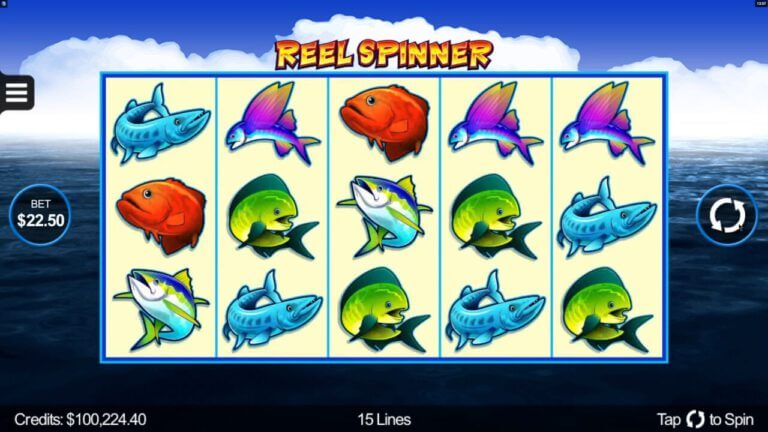 หน้าจอวงล้อ Reel Spinner ในธีมตกปลา