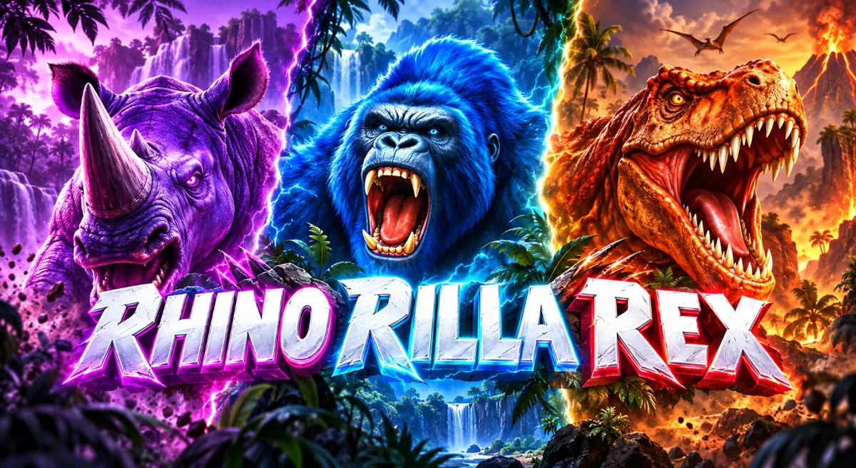 ภาพปก Rhino Rilla Rex แสดงแรดสีม่วง กอริลลาสีน้ำเงิน และทีเร็กซ์สีส้ม