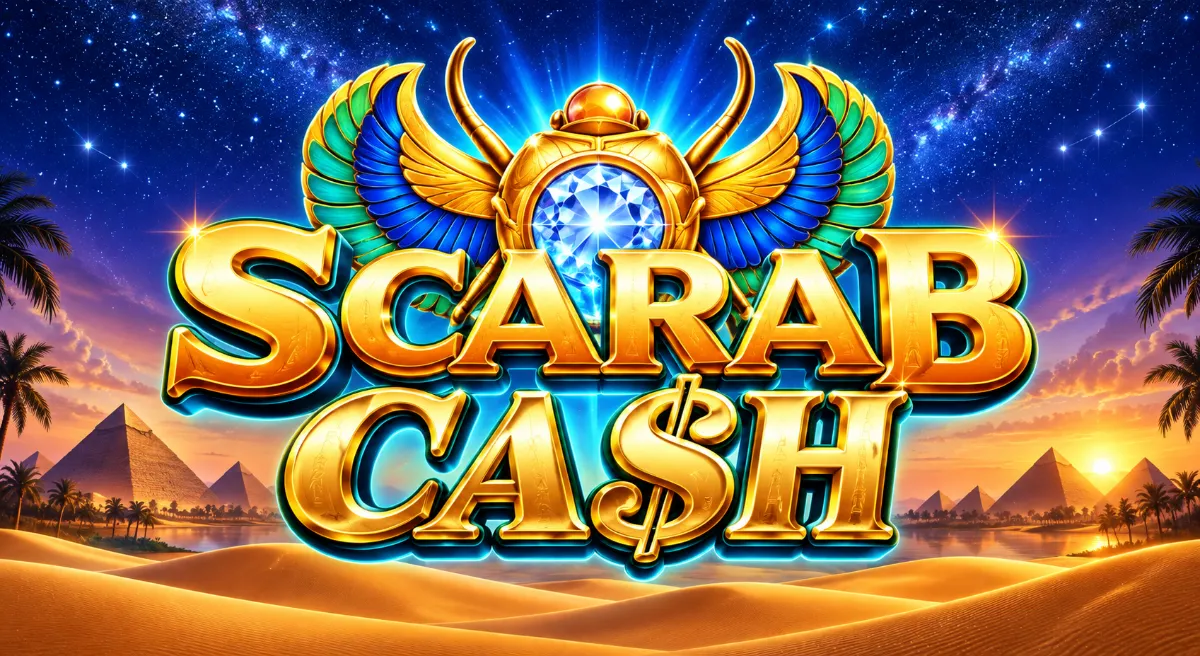 ภาพปก Scarab Cash Megaways ตัวอักษรสีทองและแมลงปีกแข็งบนฉากทะเลทรายอียิปต์