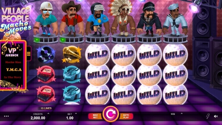 ตัวละคร Village People และหน้าวงล้อในเกม Macho Moves