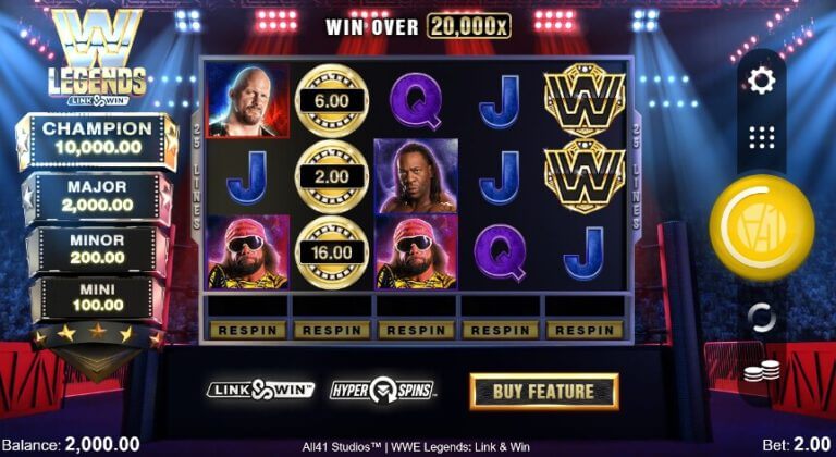 หน้าจอเกม WWE Legends: Link & Win พร้อมภาพเวทีมวยปล้ำ