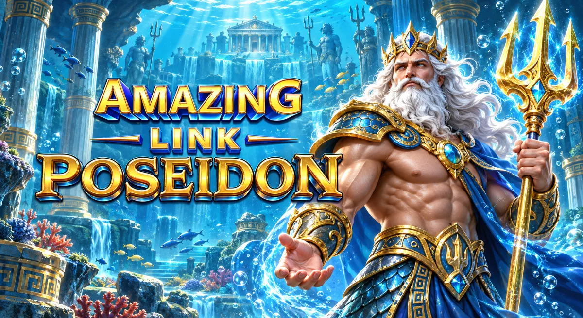 ภาพปกเกมสล็อต Amazing Link Poseidon กับเทพโพไซดอนถือตรีศูลใต้มหาสมุทร