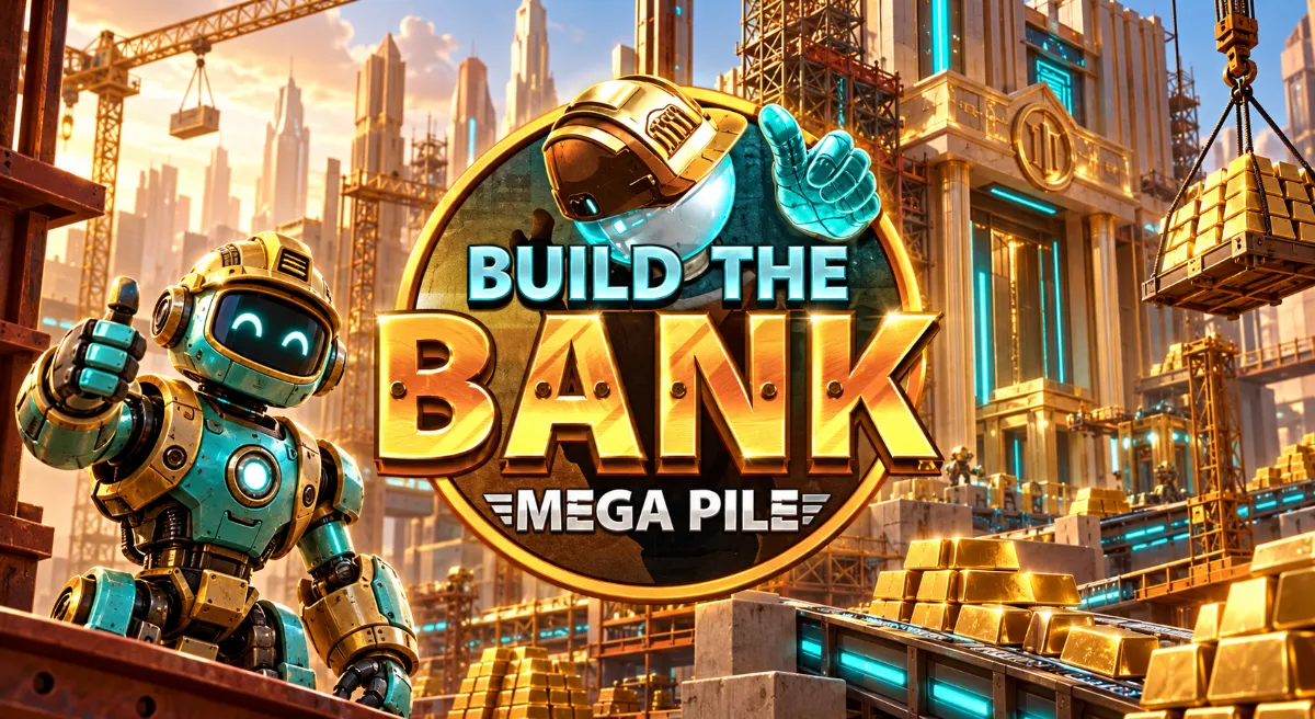 หุ่นยนต์ก่อสร้างกับโลโก้ Build The Bank Mega Pile หน้าไซต์สร้างธนาคารแห่งอนาคต
