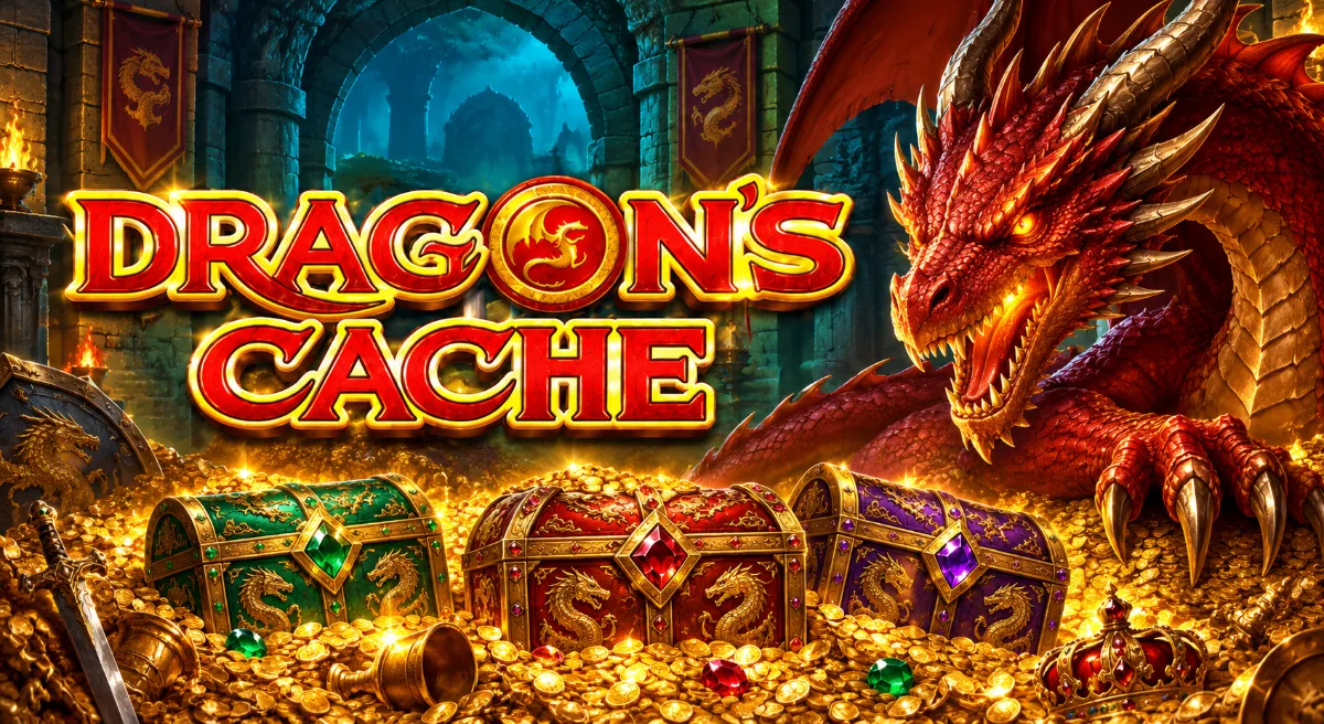มังกรแดงเฝ้าขุมสมบัติและหีบโบนัสสามสีในภาพปก Dragon’s Cache