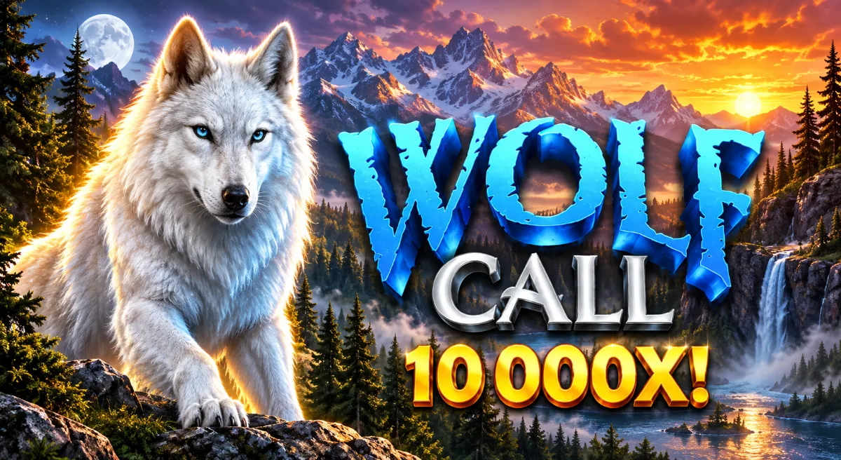 ภาพปกเกมสล็อต Wolf Call หมาป่าสีขาวท่ามกลางป่าและภูเขา พร้อมชื่อเกมสีน้ำเงินเด่นชัด