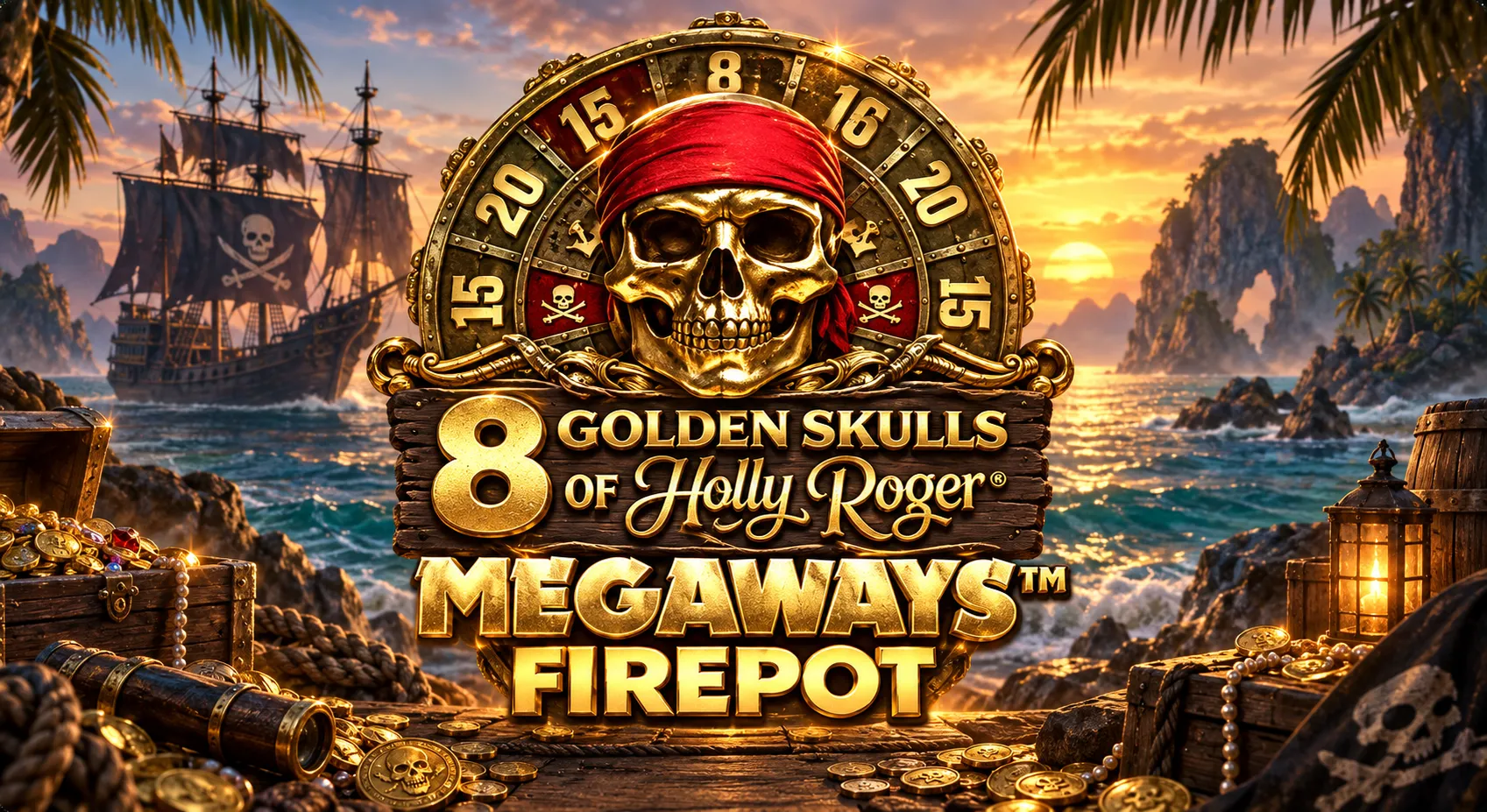 ภาพปกเกม 8 Golden Skulls Of Holly Roger Megaways ธีมโจรสลัดและกะโหลกทอง