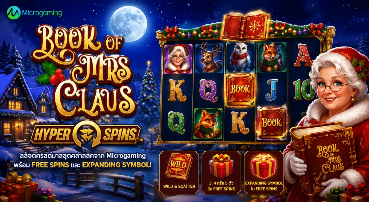 Book of Mrs Claus สล็อตธีมคริสต์มาส พร้อม Mrs Claus และวงล้อเกม