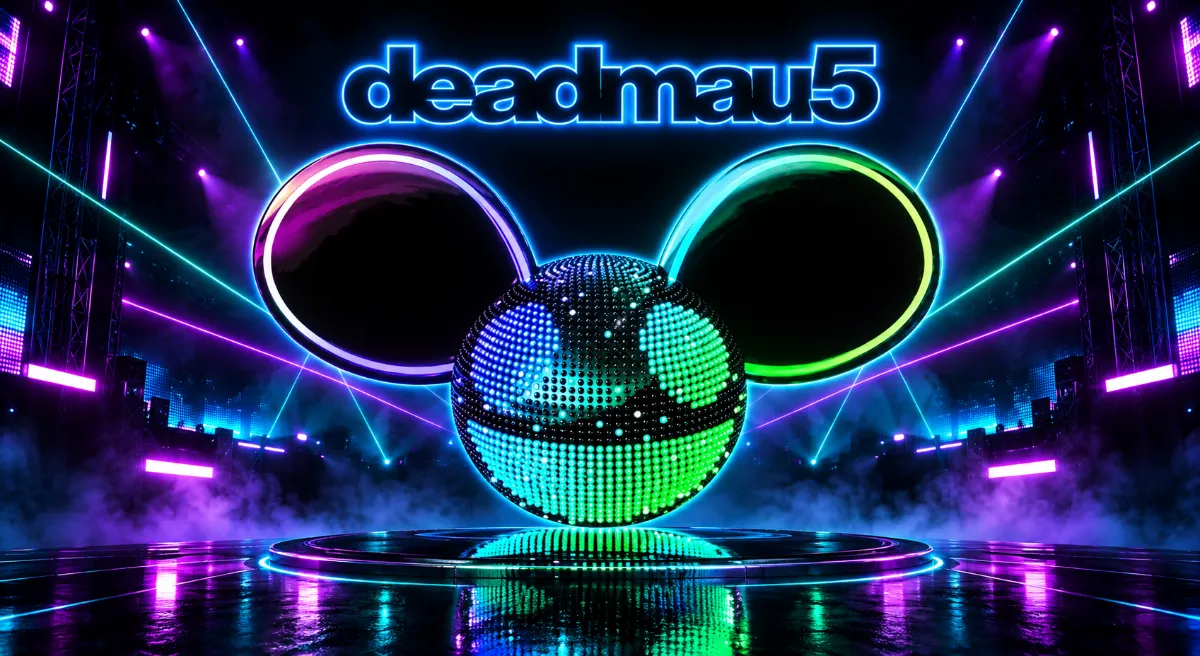 ภาพปกเกมสล็อต deadmau5 จาก Microgaming ธีมคอนเสิร์ต EDM และหัวเมาส์นีออน