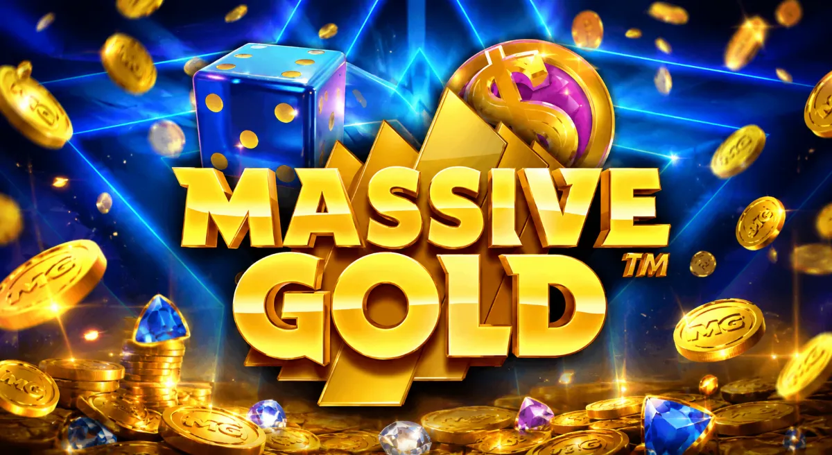 Massive Goldเกมสล็อตธีมทองคำ พร้อมเหรียญทอง ลูกเต๋า และโลโก้เกมบนพื้นหลังสีน้ำเงิน