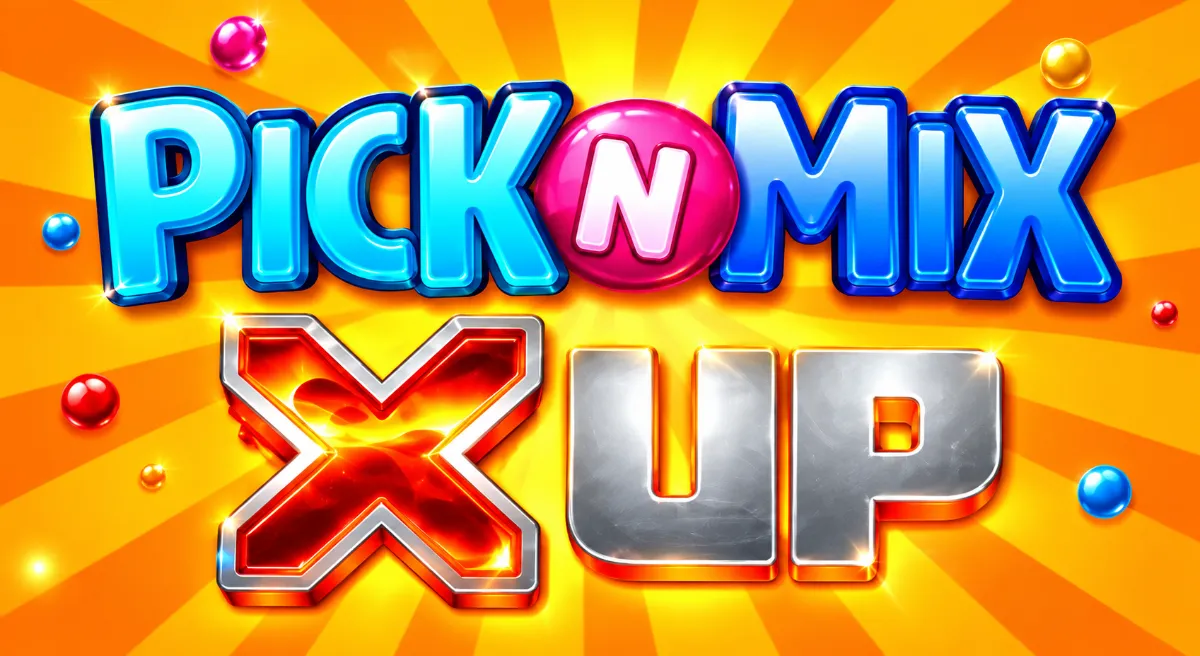 ภาพปกเกมสล็อต Pick N Mix X Up พร้อมโลโก้เกมบนพื้นหลังสีส้มสดใส