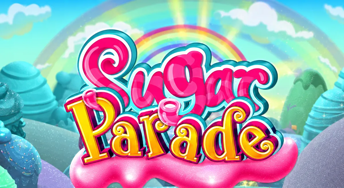 Sugar Parade สล็อต Microgaming ธีมเมืองขนมสีสันสดใส พร้อมสายรุ้งและโลโก้เกม