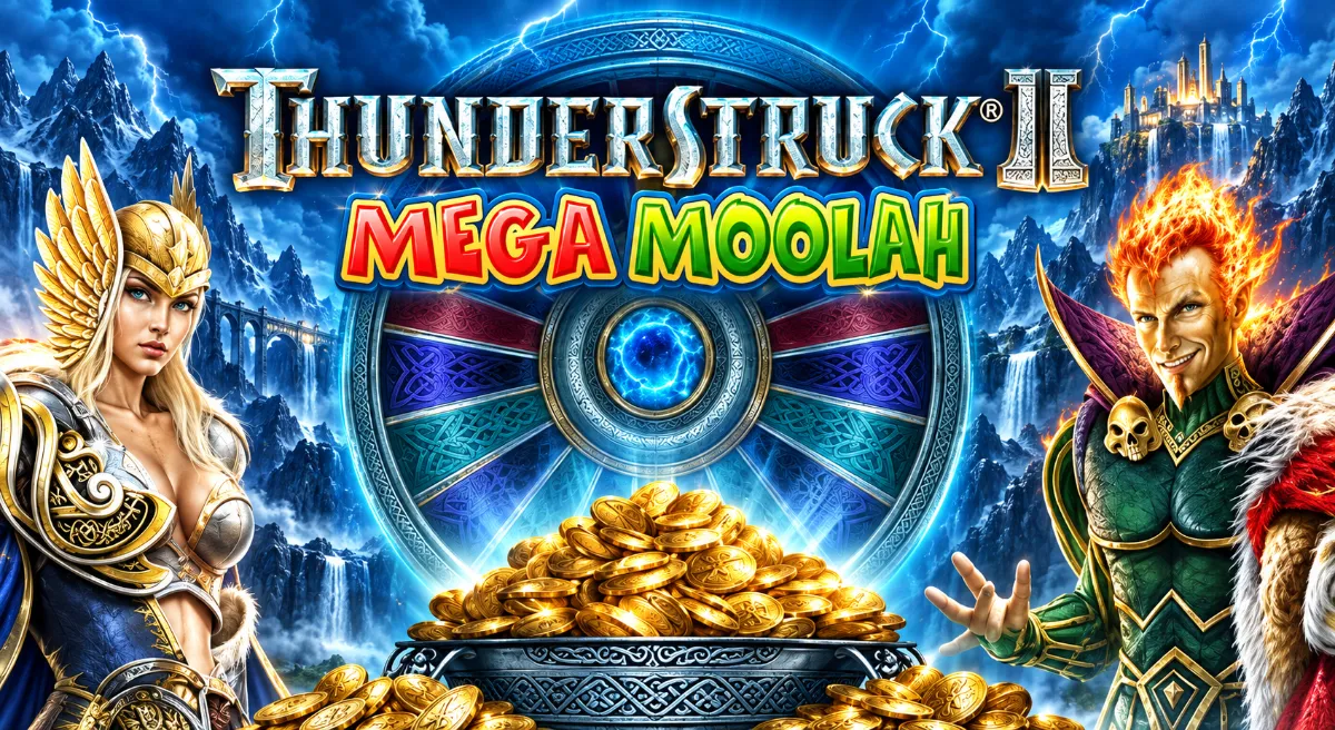 ภาพเกม Thunderstruck II Mega Moolah พร้อมเทพนอร์ส วงล้อแจ็กพอต และกองเหรียญทอง