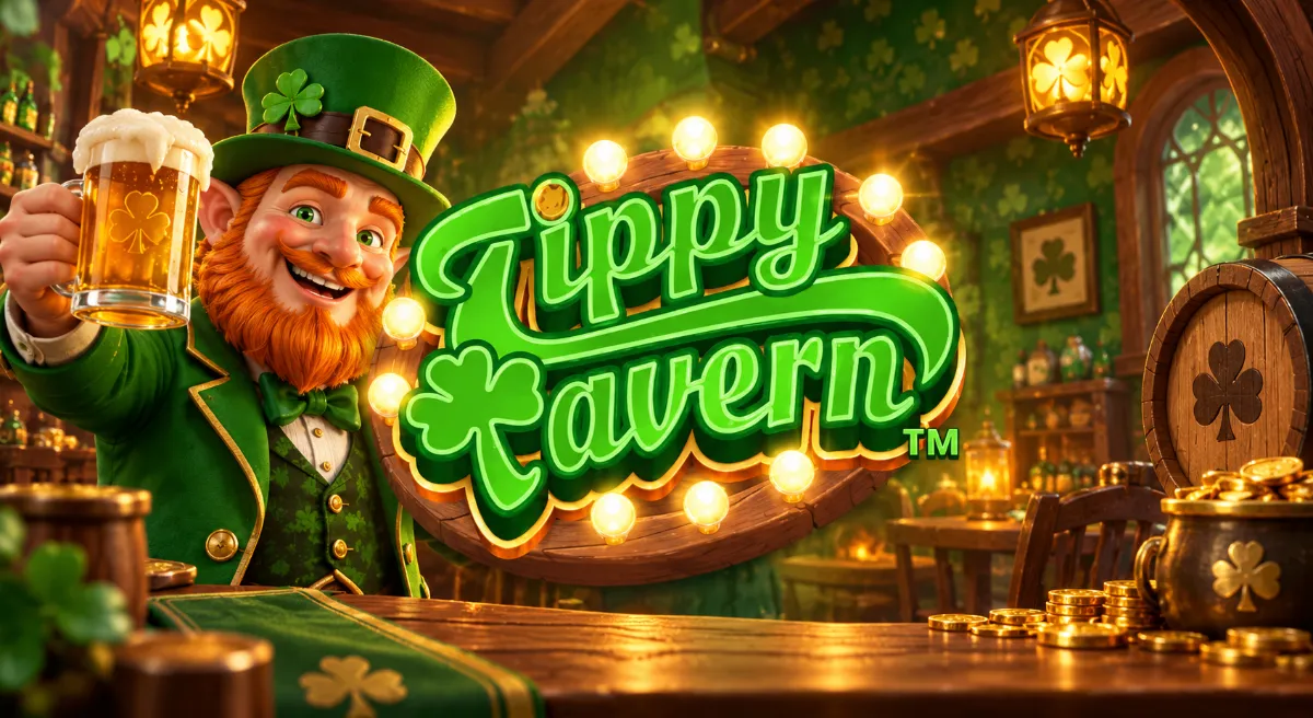 ภาพปกเกมสล็อต Tippy Tavern ธีมผับไอริชพร้อมเลเปรอคอนและเหรียญทอง