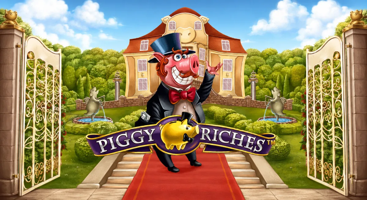 ภาพปกรีวิวเกมสล็อต Piggy Riches ธีมหมูเศรษฐีในชุดสูท ยืนหน้าคฤหาสน์หรู พร้อมสัญลักษณ์กระปุกหมูสีทอง
