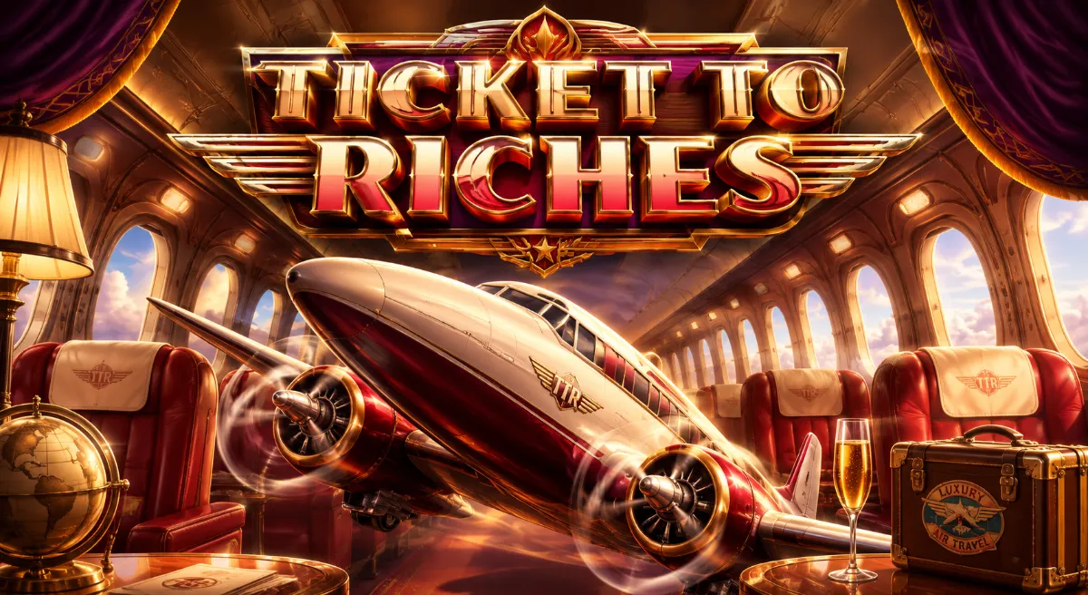 Ticket to Riches สล็อตธีมเครื่องบินย้อนยุค พร้อมโลโก้เกมและบรรยากาศการเดินทาง