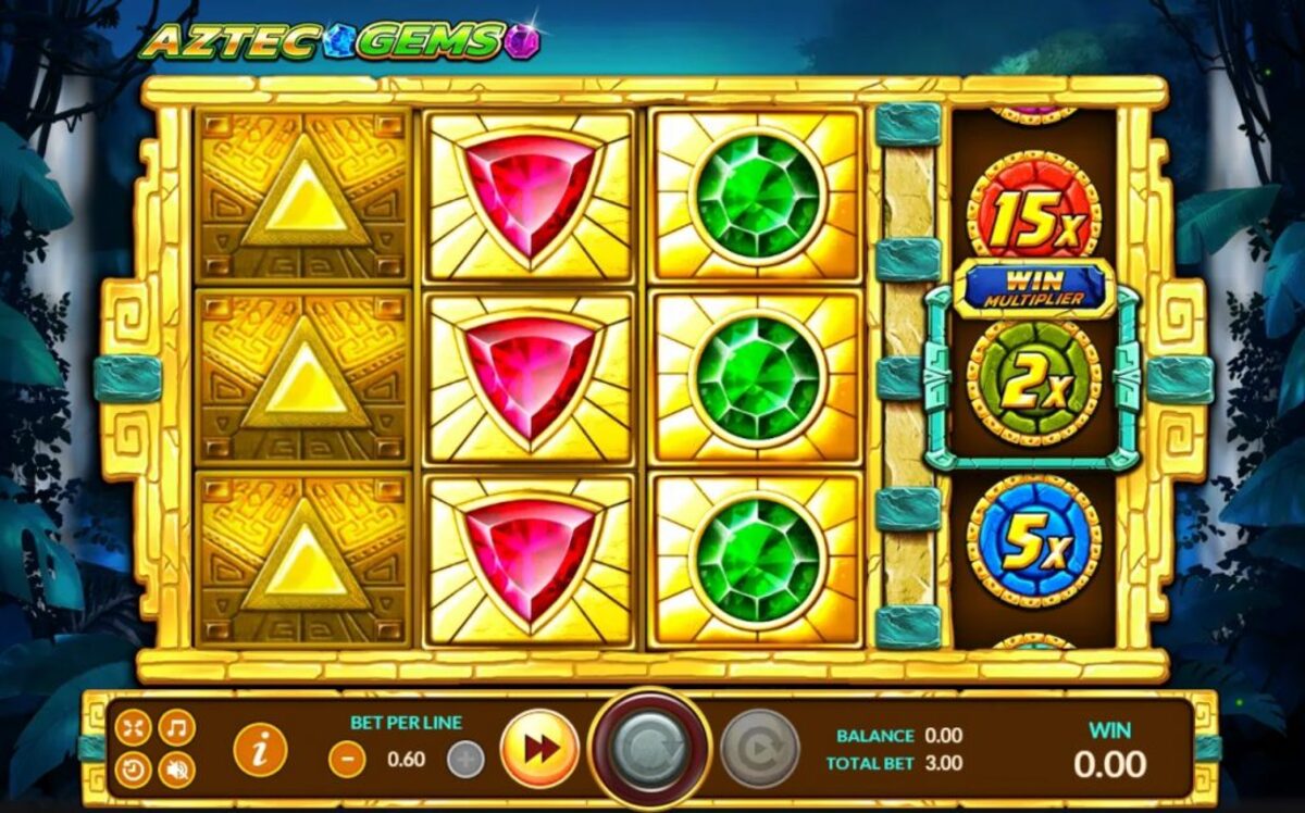 หน้าเกม Aztec Gems แสดงอัญมณีสีสดและลวดลายอารยธรรมโบราณ