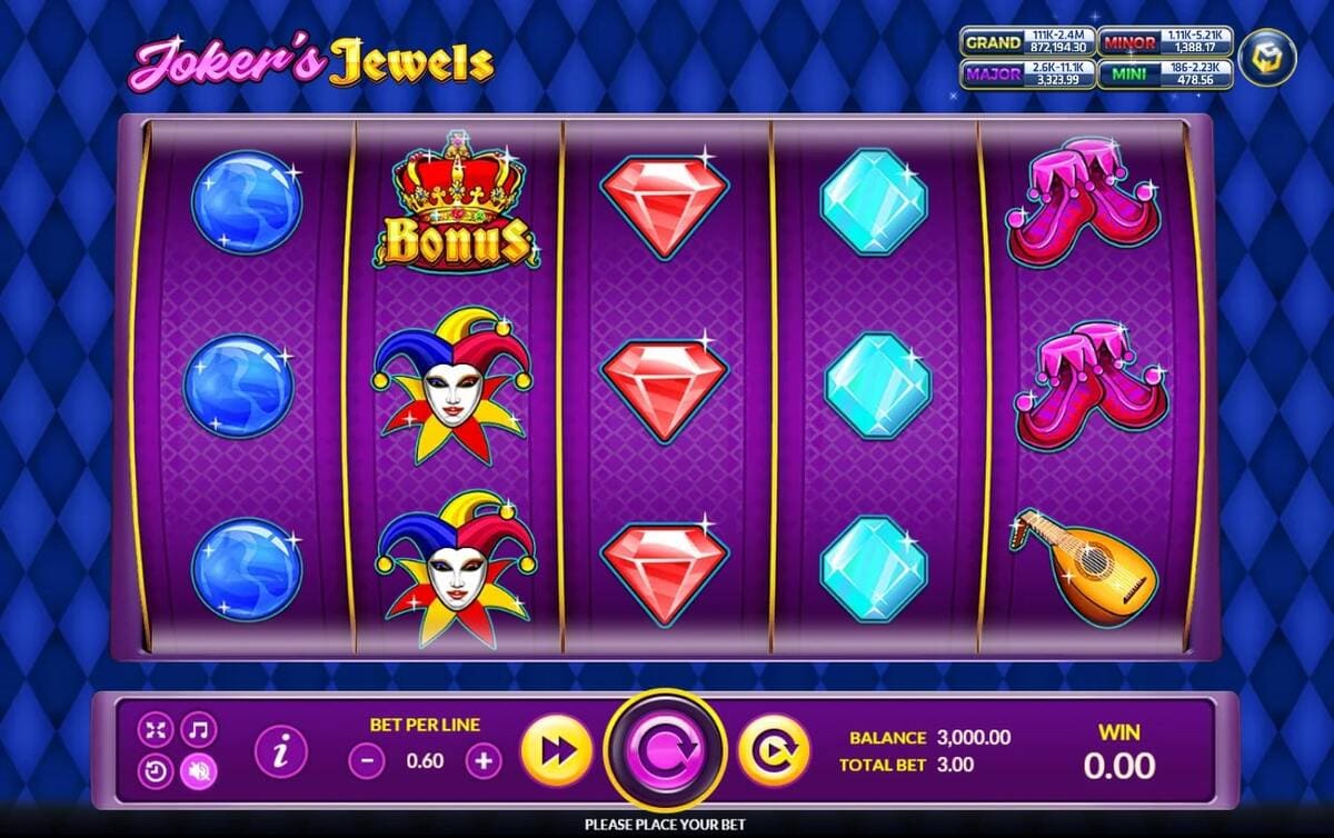 หน้าเกม Jokers Jewels แสดงตัวโจ๊กเกอร์และอัญมณีสีสด