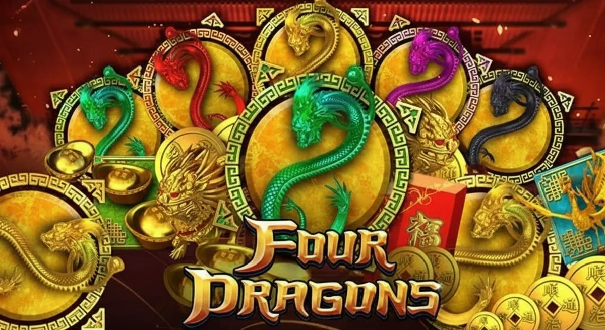 หน้ารีวิว Four Dragons ธีมมังกรจีนและโทนสีแดงทอง
