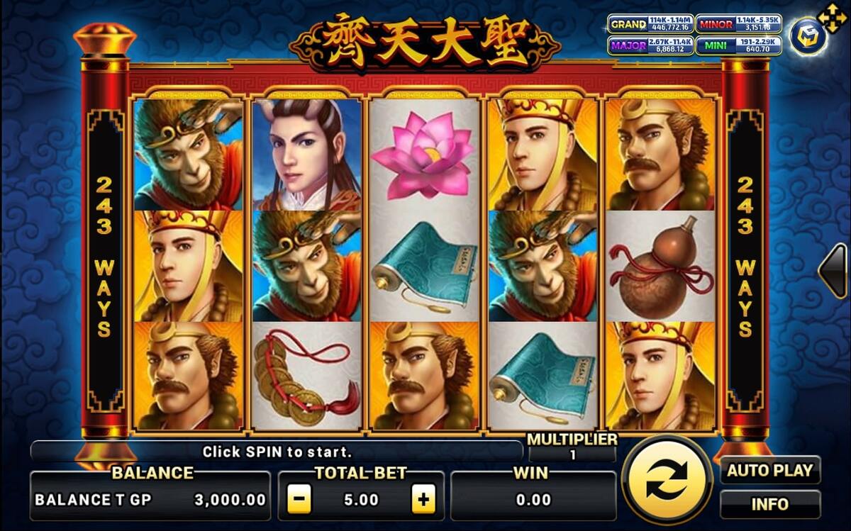 หน้าเกม Monkey King แสดงตัวละครเห้งเจียและฉากตำนานจีน