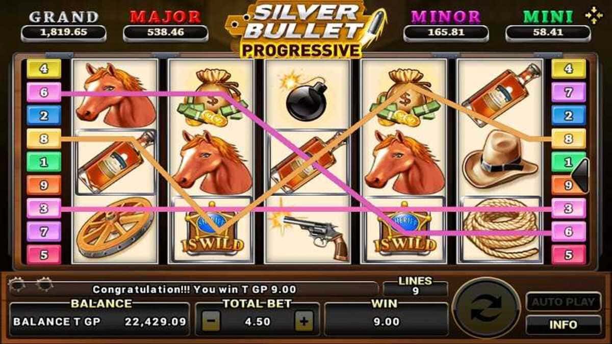 หน้าเกม Silverbullet Progressive แสดงธีมอาวุธและเอฟเฟกต์ความเร็ว