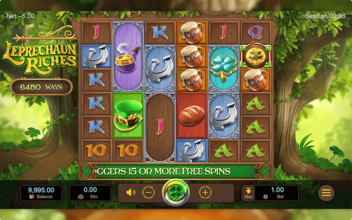 Leprechaun Riches เล่นผ่านมือถือพร้อมระบบออโต้และกราฟิกสีเขียวสด