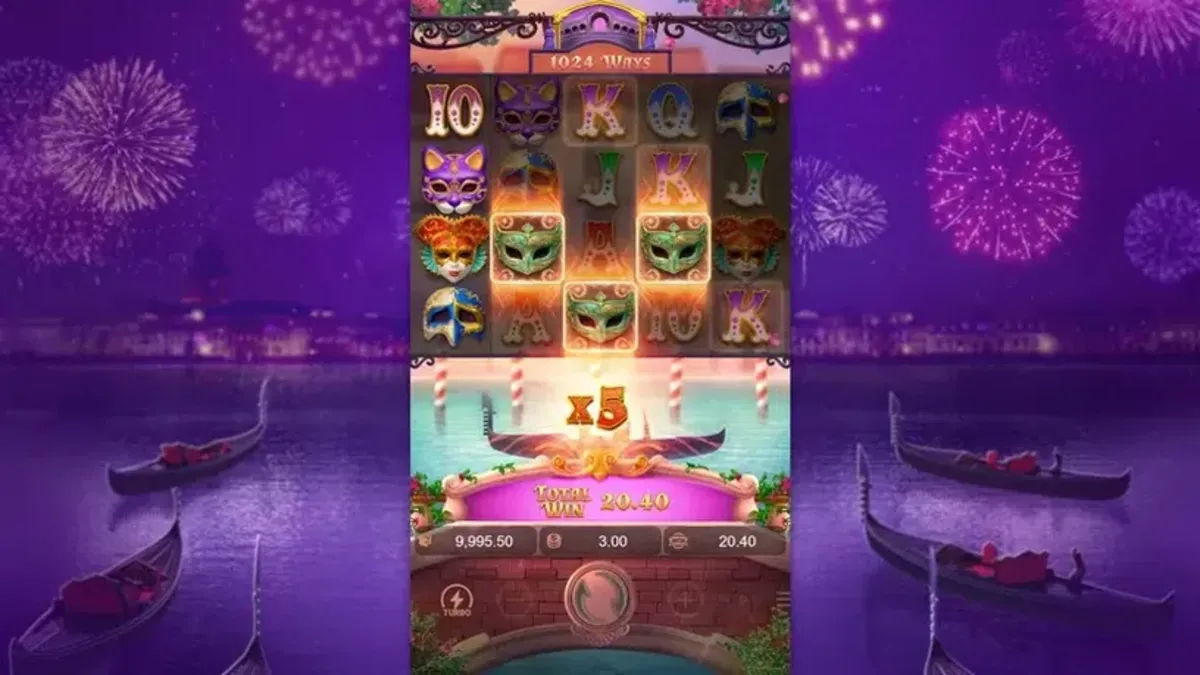 เอฟเฟกต์แจ็กพอตและแสงสีในเกม Mask Carnival PGSLOT