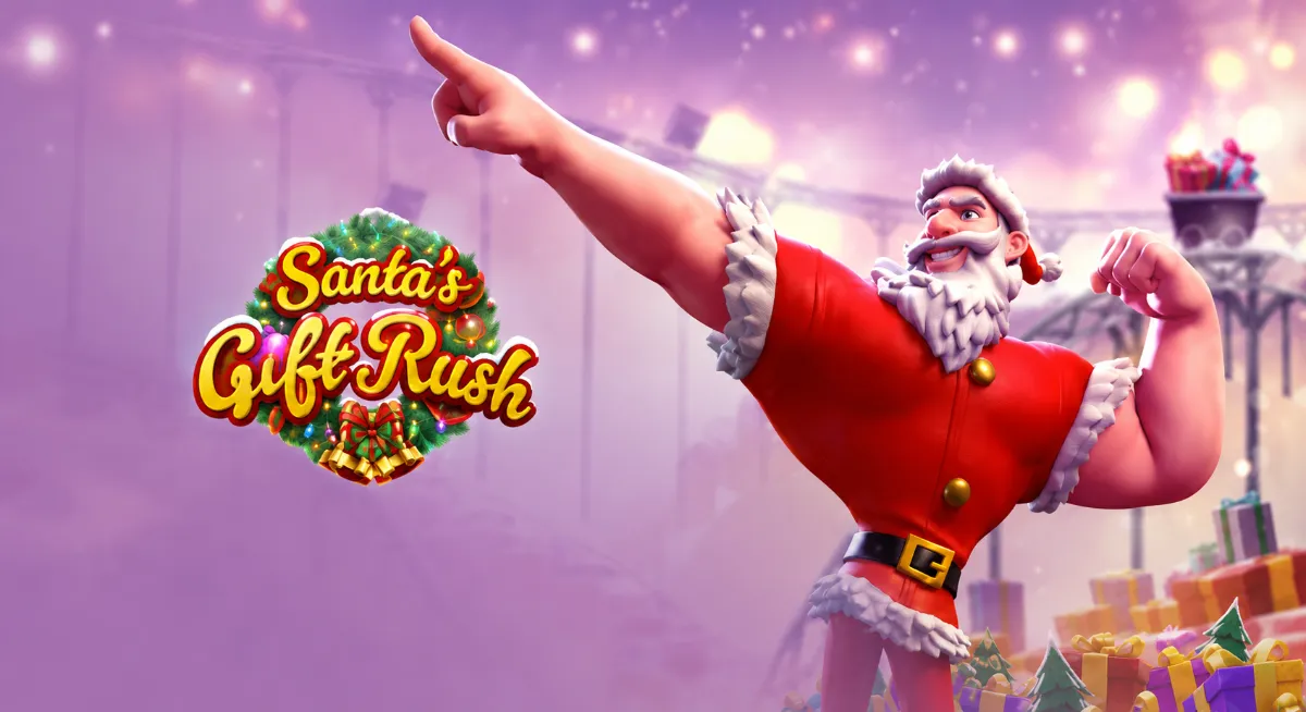 Santa’s Gift Rush PG SLOT ภาพปกธีมคริสต์มาสพร้อมซานตาคลอสและของขวัญ
